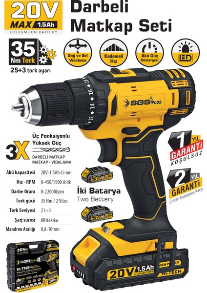 Darbeli 20V 1.5AH Akülü Matkap ve Vidalama Seti, Çift Akülü, 35 Nm Tork