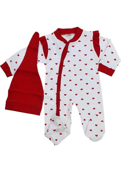 Kalp Baskılı Şapkalı Kız Bebek Tulum