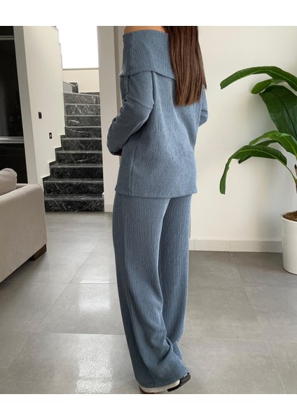 Petrol Mavi Bürümcük Madonna Yaka Basic Takım