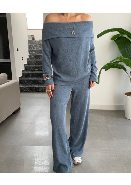 Petrol Mavi Bürümcük Madonna Yaka Basic Takım fiyatları