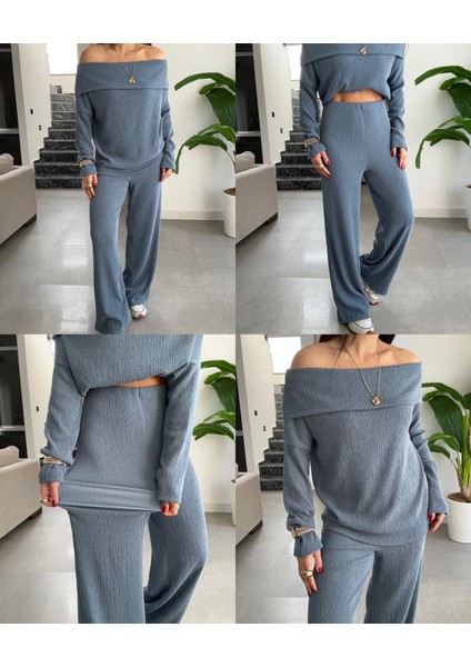 Petrol Mavi Bürümcük Madonna Yaka Basic Takım modelleri