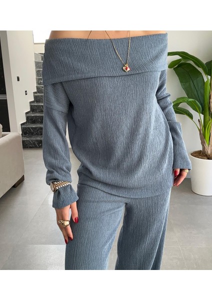 Petrol Mavi Bürümcük Madonna Yaka Basic Takım fırsatları