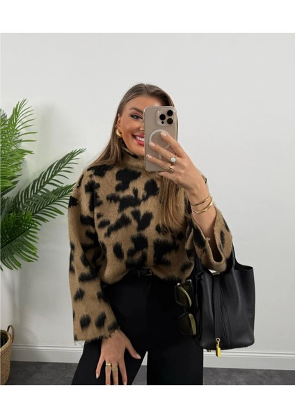Kahverengi Dik Yaka Ispanyol Kol Leopar Desenli Kazak modelleri