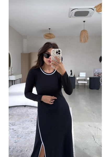 Siyah Biyeli Yırtmaçlı Modal Elbise