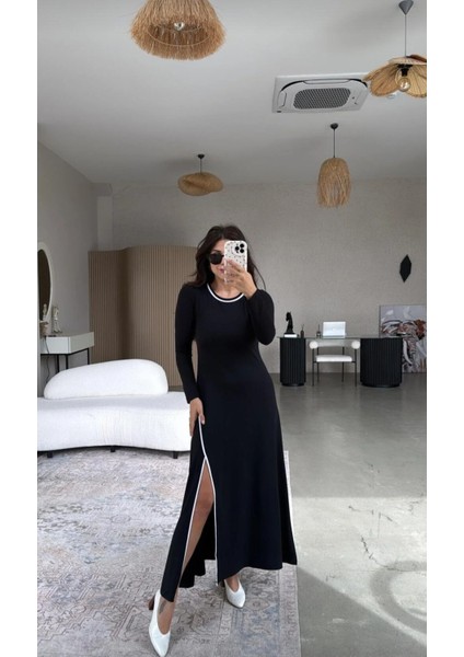 Siyah Biyeli Yırtmaçlı Modal Elbise fiyatları