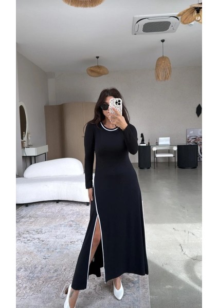 Siyah Biyeli Yırtmaçlı Modal Elbise modelleri