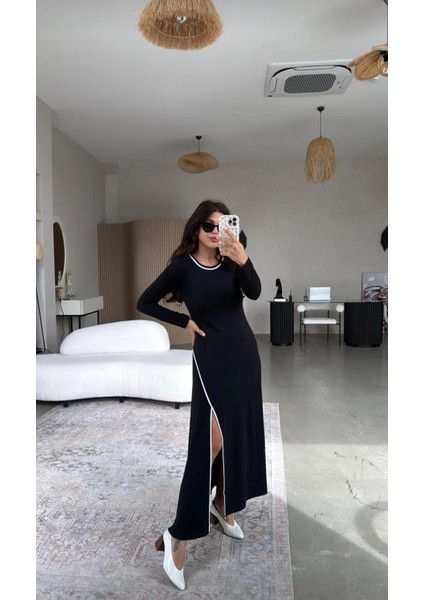 Siyah Biyeli Yırtmaçlı Modal Elbise fırsatları