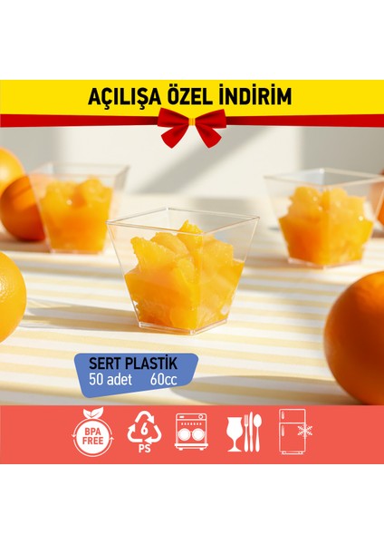 Bizdengelsin 50’li Prizma Kase Small Mini Boy, Sert Plastik Şeffaf, 60 cc Reçel, Sos, Meze