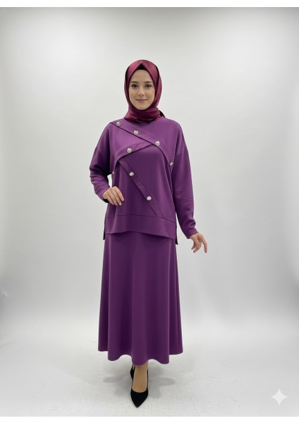 Kadın Dokuma Kumaş Düğme Detaylı Uzun Etekli Tesettür Takım