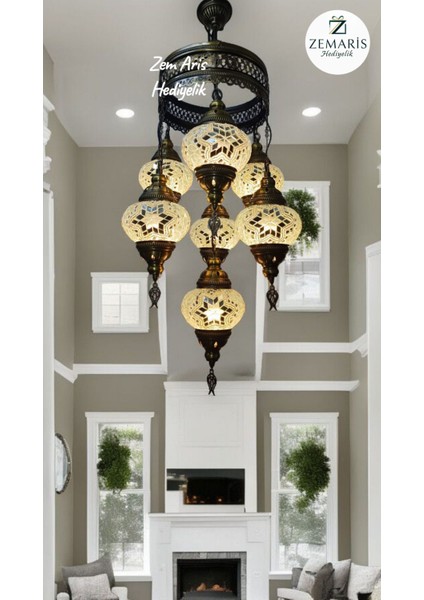 El Yapımı Otantik Mozaik 7 Li Avize Tavan Lambası Dekoratif