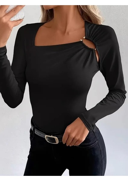 Egecen Kadın Uzun Kollu Yakadan Halka Detaylı Viskon Bluz