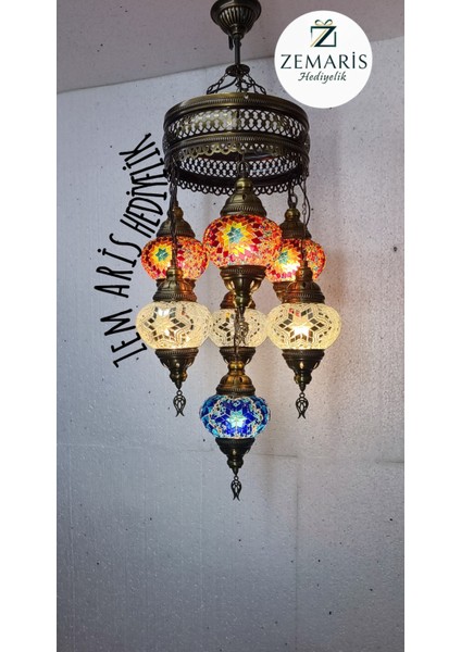 El Yapımı Otantik Mozaik 7 Li Avize Tavan Lambası Dekoratif