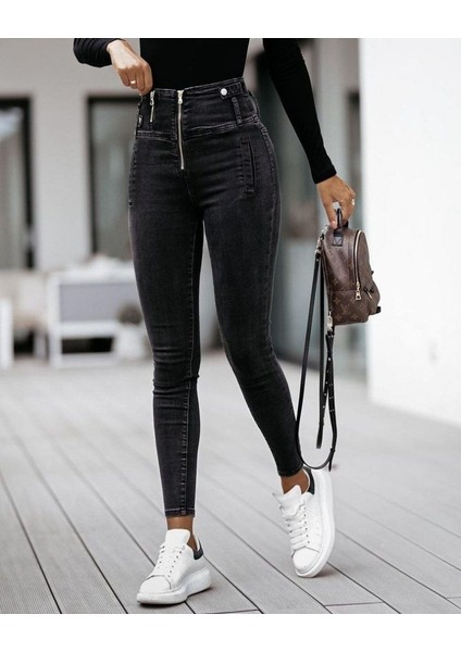 Egecen Kadın Fermuar Detay Yüksek Kemerli Kot Pantolon fırsatları