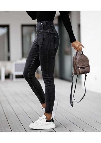 Egecen Kadın Fermuar Detay Yüksek Kemerli Kot Pantolon
