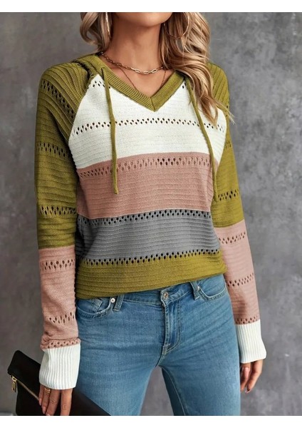 Egecen Kadın Uzun Kollu V Yakalı Bağcıklı Kapşonlu Triko Bluz fırsatları