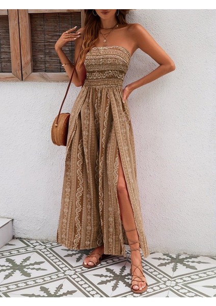 Egecen Kadın Yakası Gipe Detaylı Önden Yırtmaç Detaylı Desenli Süprem Pantolun Etek Tulum