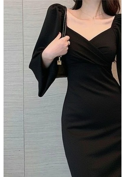 Egecen Kadın Uzun Kollu Kalp Yakalı Midi Ithal Krep Elbise fiyatları