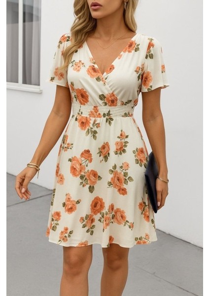 Egecen Kadın Kısa Kollu Kruvaze Yakalı Desenli Süprem Kısa Elbise