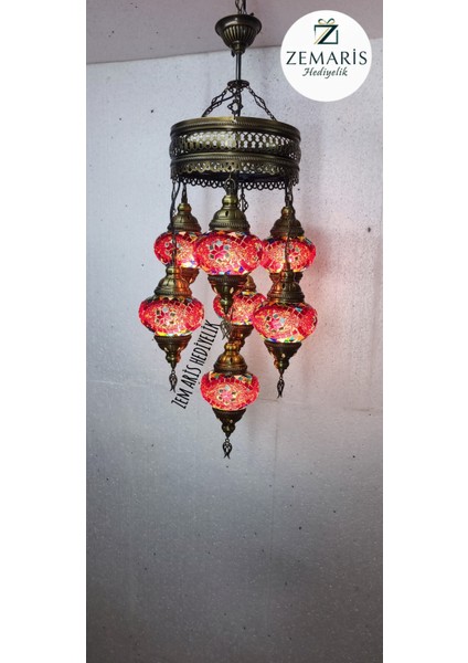 El Yapımı Otantik Mozaik 7 Li Avize Tavan Lambası Dekoratif