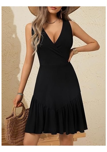 Egecen Kadın Askılı Kruvaze Yakalı Fırfırlı Janjan Krep Elbise fırsatları