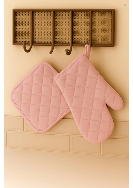 2 Li Isıya Dayanıklı Fırın Eldiveni ve Tutacak Seti Mutfak Eldiveni Seti Açık Pembe