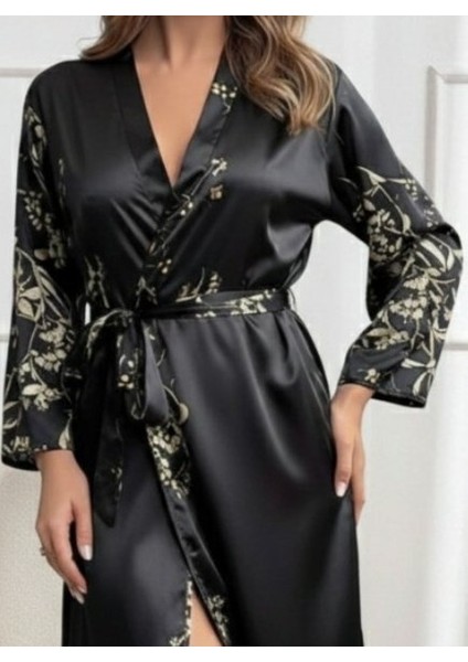 Egecen Kadın Uzun Kollu V Yakalı Çiçek Baskılı Belden Kuşaklı Midi Saten Gecelik fiyatları