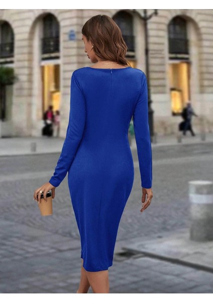 Egecen Kadın Uzun Kollu Bisiklet Yaka Fermuar Detaylı Yırtmaçlı Midi Krep Elbise modelleri