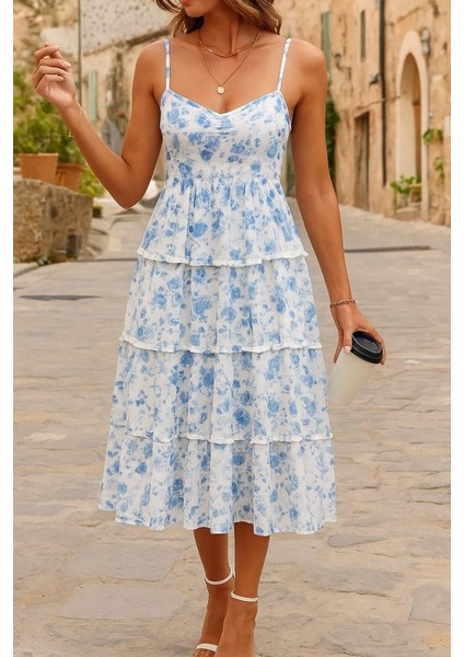 Egecen Kadın Sıfır Kol Askılı Dekolteli Yırtmaç Detay Çiçek Baskılı Süprem Midi Elbise