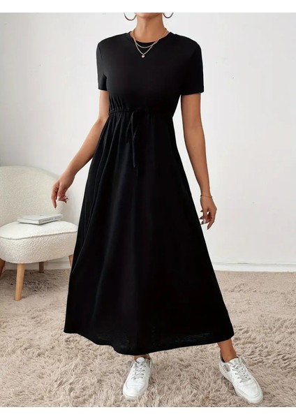 Egecen Kadın Kısa Kollu Bisiklet Yaka Belden Bağcıklı Cepli Viskon Elbise