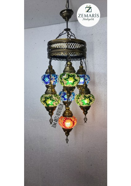 El Yapımı Otantik Mozaik 7 Li Avize Tavan Lambası Dekoratif
