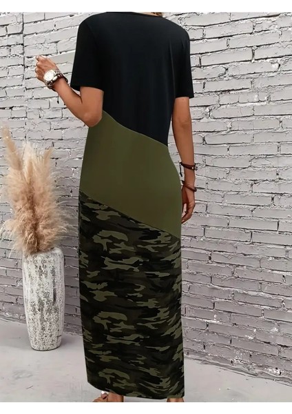 Egecen Kadın Kısa Kollu Bisiklet Yaka Çok Renkli Maksi Viskon Elbise fırsatları