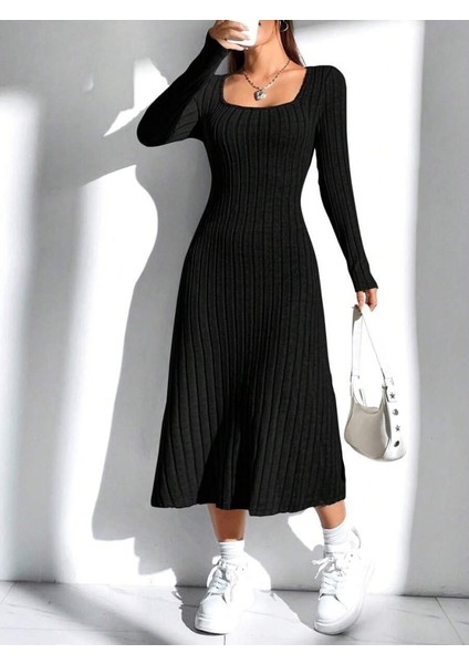 Egecen Kadın Uzun Kollu Kare Yaka Midi Kaşkorse Elbise fiyatları