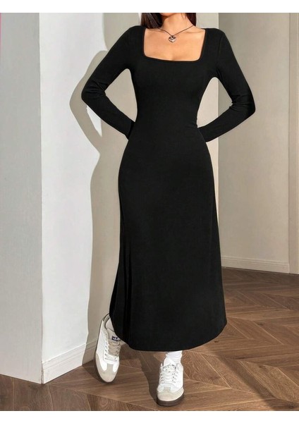 Egecen Kadın Uzun Kollu Kare Yaka Midi Kaşkorse Elbise