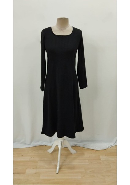 Egecen Kadın Uzun Kollu Kare Yaka Midi Kaşkorse Elbise