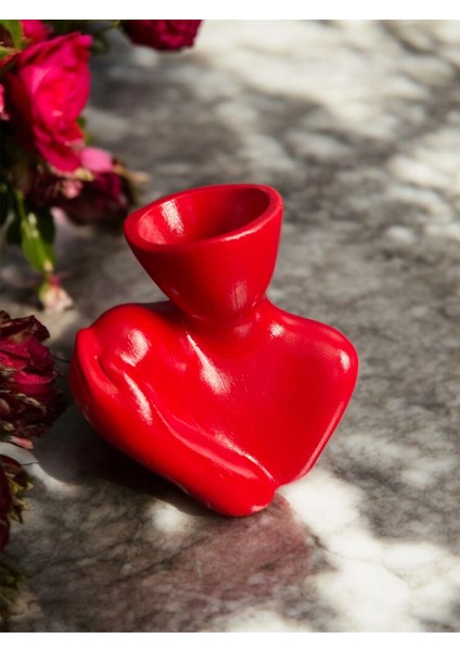Yarım Yüz Kadın Formunda Dekoratif Mini Beton Vazo – Kırmızı – 15 cm
