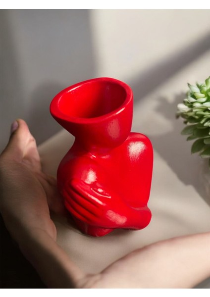 Yarım Yüz Kadın Formunda Dekoratif Mini Beton Vazo – Kırmızı – 15 cm fırsatları
