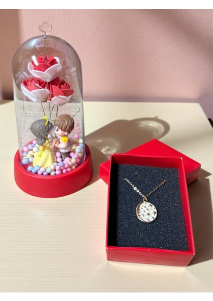 Fanus Içinde Rgb LED Işıklı Solmayan Güller ve Gökyüzü Kolye Seti