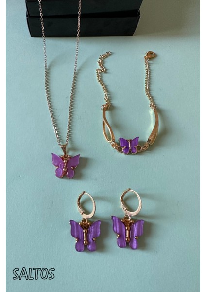 Pembe Kelebekli Takı Seti, Kolye Bileklik ve Küpe Hediye Seti