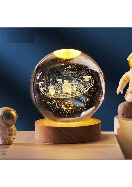 LED Işıklı Ahşap Standlı Güneş Sistemi Dünya ve Satürn Cam Küre