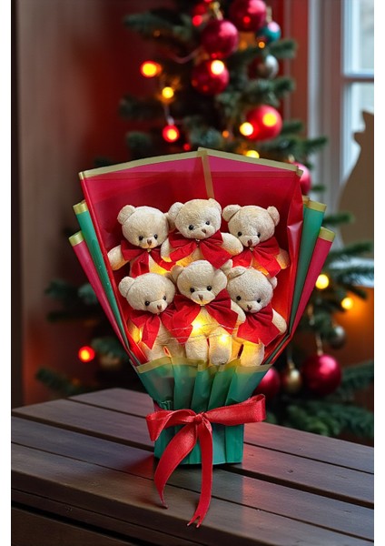 Yılbaşı Temalı LED Işıklı Krem Peluş Ayıcık Buketi Eğlenceli Hediye