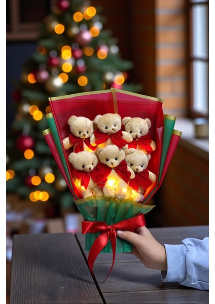 Yılbaşı Temalı LED Işıklı Krem Peluş Ayıcık Buketi Eğlenceli Hediye fiyatları
