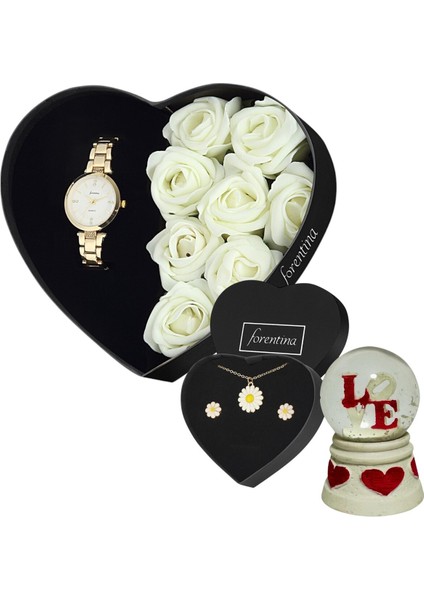 Beyaz Güllü Kutuda Gold Metal Takım: Saat, Papatya Kolye ve Küpe