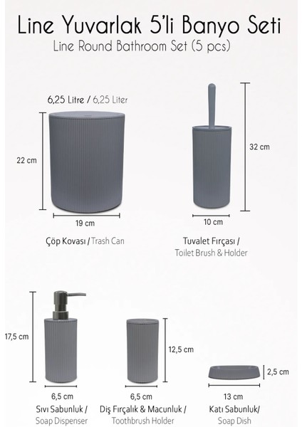 5 Parça Banyo Seti: Çöp Kovası, Diş Fırçalık, Sabunluk ve Tuvalet Fırçası fiyatları