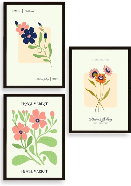 Flower Market Üçlü Ahşap Çerçeveli Tablo