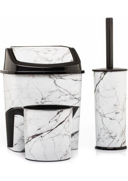 Beyaz Mermer Desenli 3'lü Banyo Seti Çöp Kovası Tuvalet Fırçası Maşrapa