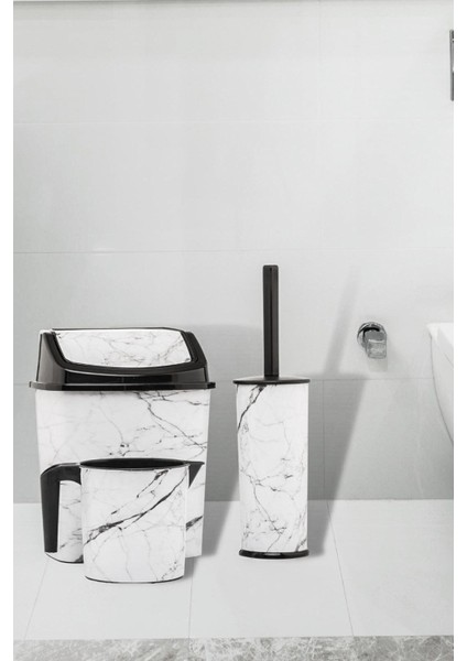 Beyaz Mermer Desenli 3'lü Banyo Seti Çöp Kovası Tuvalet Fırçası Maşrapa fiyatları