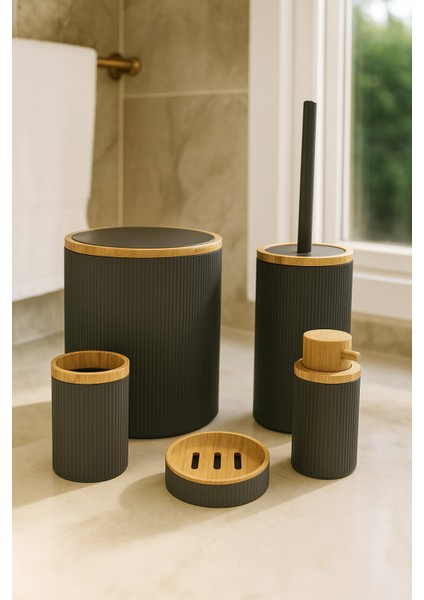 Gri Bambu Desenli 5 Parça Banyo Seti, Şık Tasarım, 6 Litre Hacim