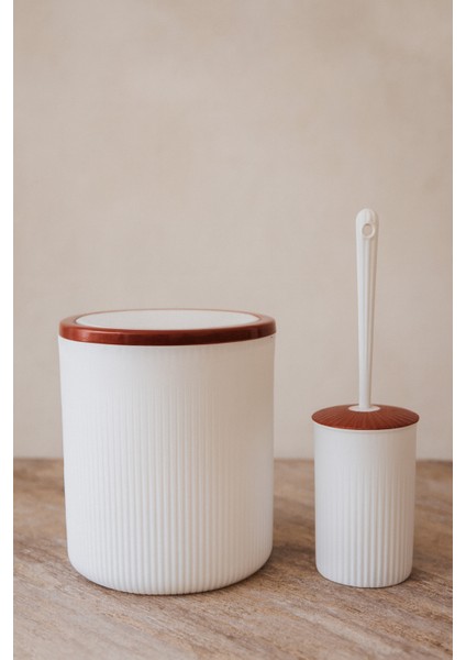 Şık Kahve Beyaz 2’li Banyo Seti, 6l Çöp Kovası ve Wc Fırçalık Takımı