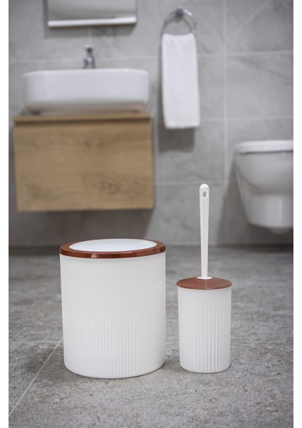 Şık Kahve Beyaz 2’li Banyo Seti, 6l Çöp Kovası ve Wc Fırçalık Takımı fiyatları