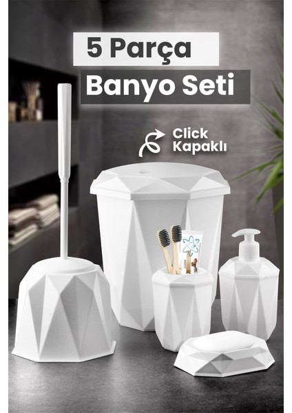 5 Parça Banyo Seti, Dekoratif Kapaklı Çöp Kovası ve Fırça Düzeni
